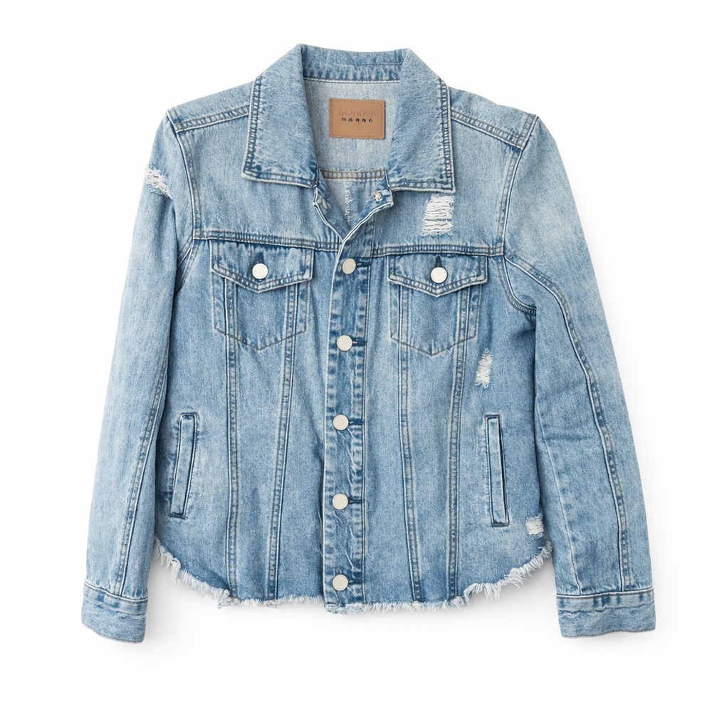 BLANKNYC Distressed Cropped Denim Jacket Frayed Hem Light Wash Small